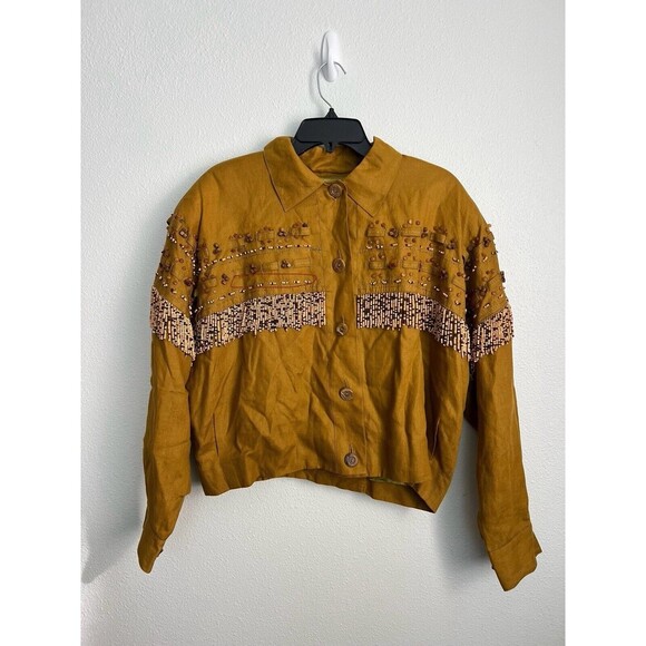 VTG Linen Beaded Cropped Oversized Jacket Mustard ButtonUp Cowgirl Boho Western - Picture 14 of 15
